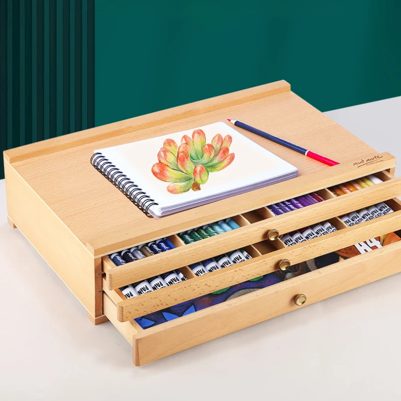 

Desktop Beech Wood Easel Oil Painting Material Storage Box Portable 3-layer Drawer Sketching Pencil Toolbox Painting Supplies