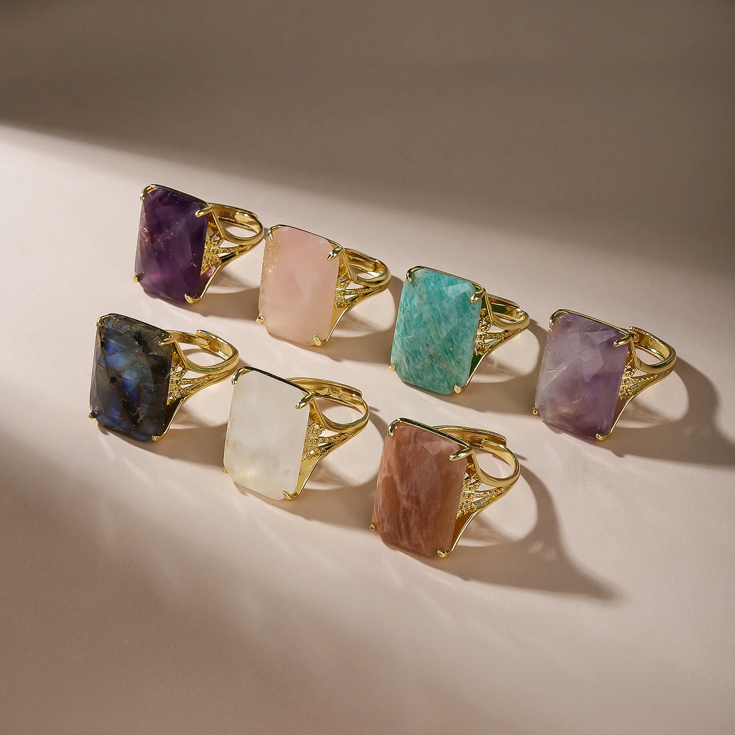 Natural Amethyst Stone Ring for Women Faceted Surface Ring 18K Gold Plated Boho Spiritual Jewelry Gift 7 Different Style