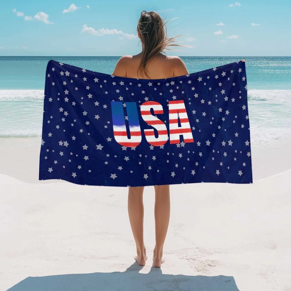 1pc Patriotic American Flag Beach Towel, Oversized Microfiber Sandproof Blanket with USA Letters & Star Design, Lightweight