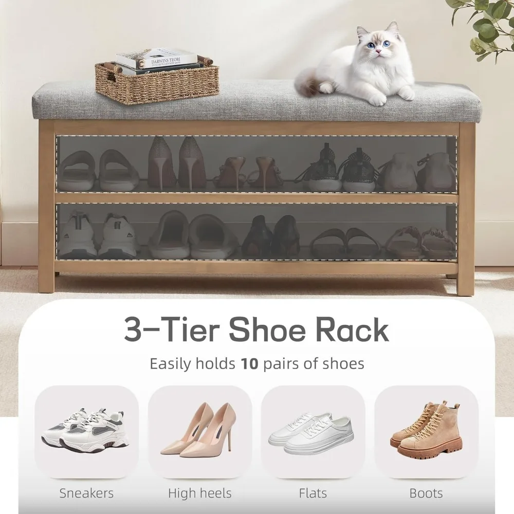 رف أحذية من الخشب الصلب بطبقتين حديث من منتصف القرن مع وسادة لتخزين المدخل والممر #6