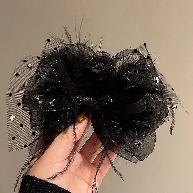 Romantic Black Lace Feather Big Bow Knot Hair Claw Fashion Advanced Sense Hairpins For Women Girls Shark Clip Hair Accessories