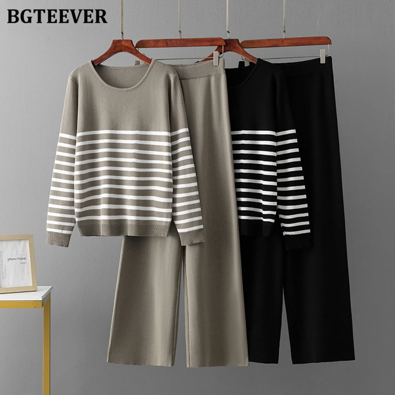 BGTEEVER Stylish Warm Loose Female 2 Pieces Sets Knitted Outfits Long Sleeve O-neck Striped Sweaters & High Waist Wide Leg Pants