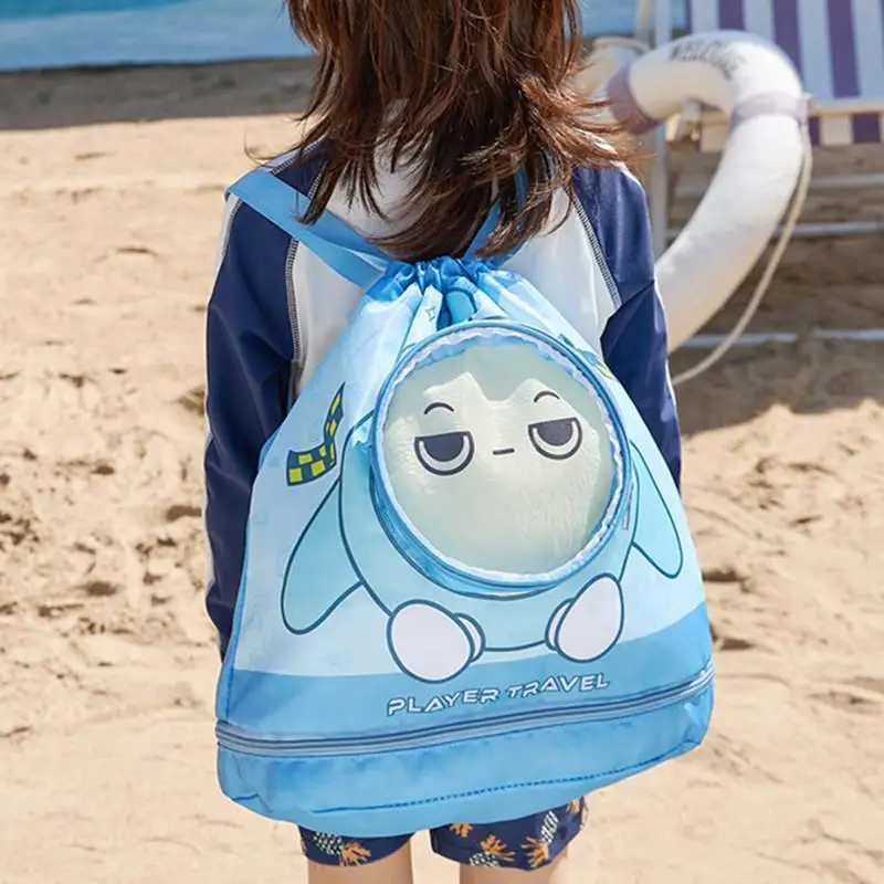 Children Solid Color Swimming Backpack Dry Wet Separation Bag Cartoon Boys Girls Waterproof Beach Clothes Organize Storage Pouch