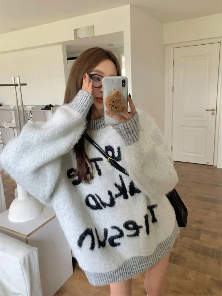 Ezgaga Knitted Sweater Women Vintage Autumn Winter Fashion Letter Printed O Neck Loose Stretch Pullover Ladies Fashion Jumper