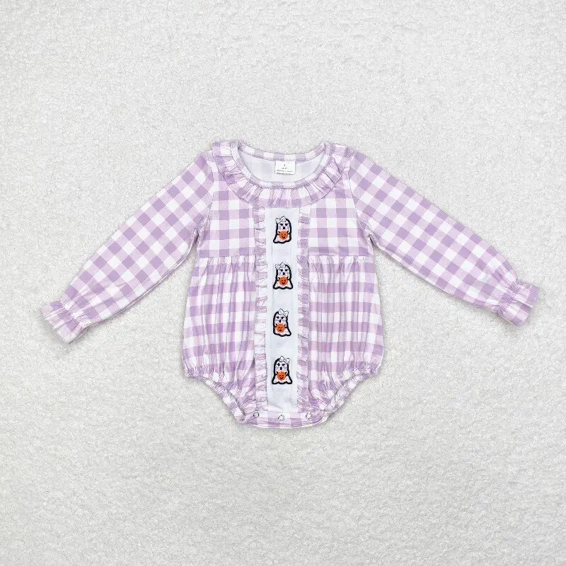 8.18y Halloween girls' romper wholesale embroidered ghost pumpkin purple plaid lace long-sleeved jumpsuit