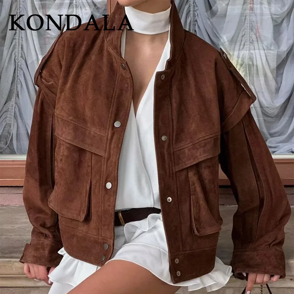

KONDALA 2025 Fall Winter Suede Women Streetwear Jackets Fashion Elegant Christmas Brown Single Breasted Turtleneck Ladies Coats
