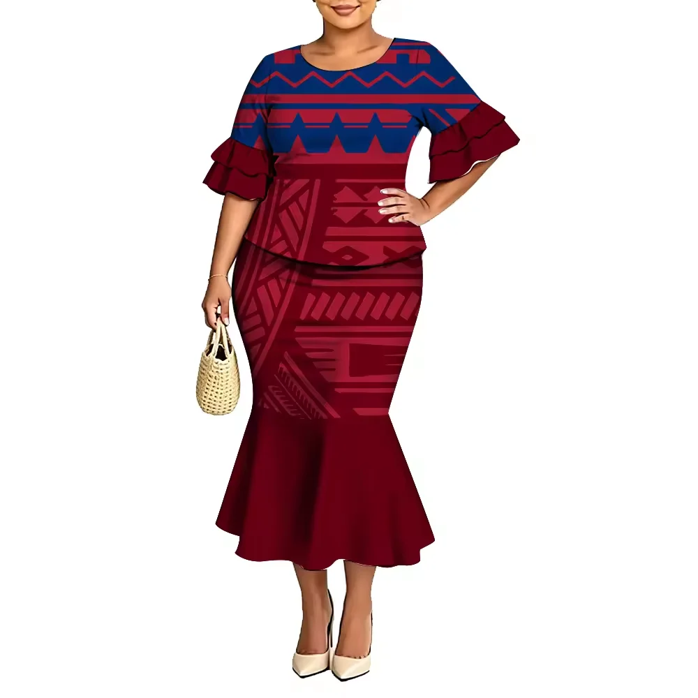 Women Hot Custom Plus Size 2 Piece Puletasi Set Polynesian Tribal Pattern Orange Blue Ruffle Sleeve Top Mermaid Hem Long Skirt