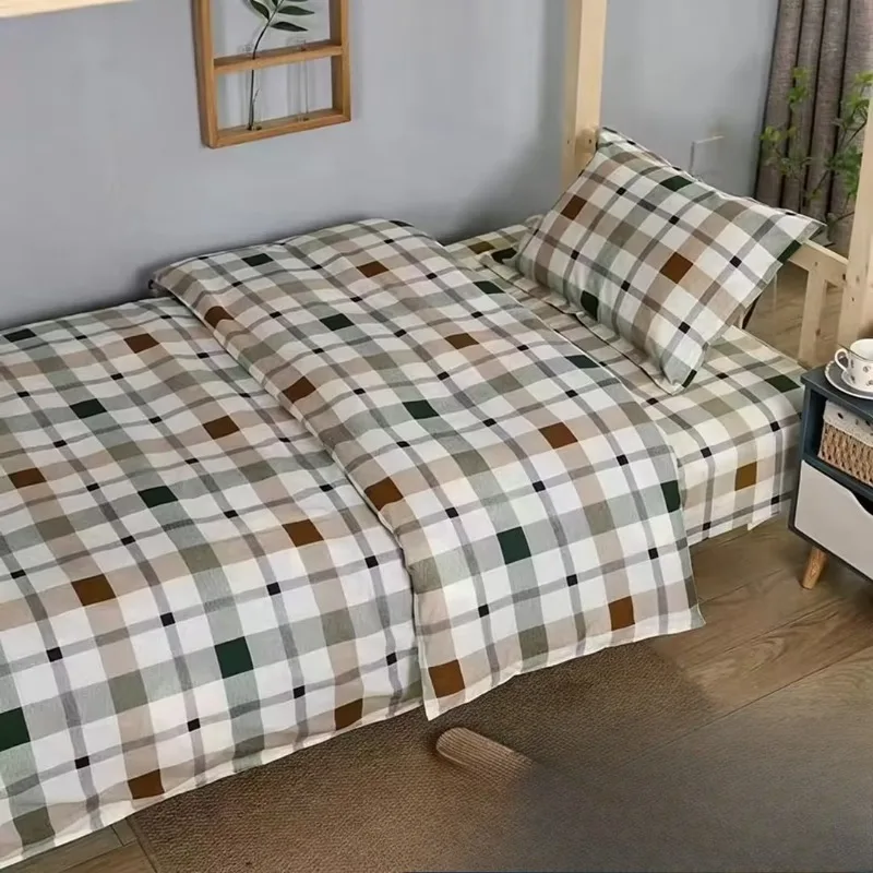 2026 New Blue Striped Plaid Cotton Dormitory 3-Piece Set for Students and Nursing Home Single Bed Soft 3-Piece Set
