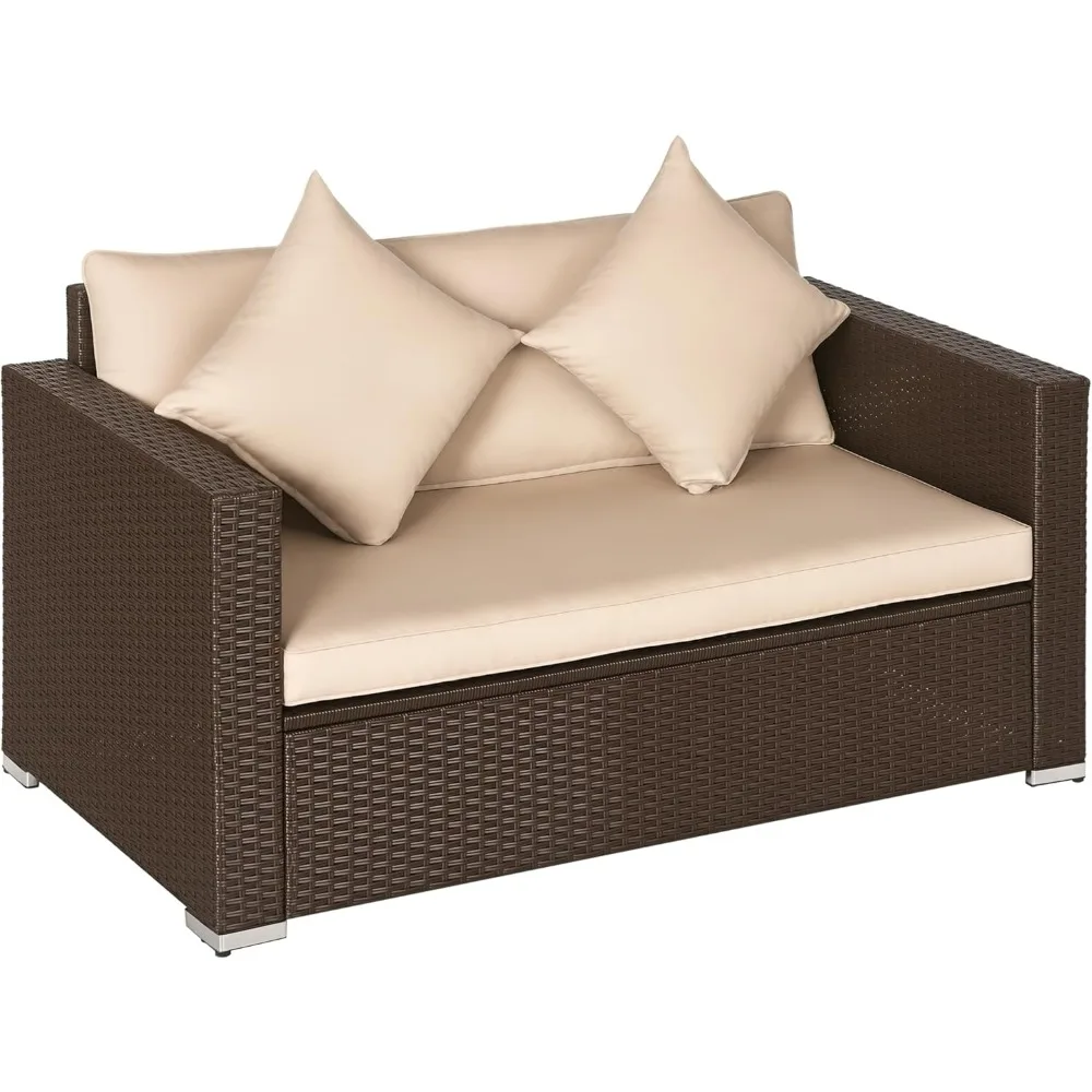 

Patio Wicker Loveseat with Cushions, 2-Seat Outdoor PE Rattan Couch, Sofa with Throw Pillows for Porch, Backyard, Garden, Pools