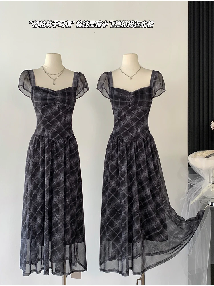 Summer Women Old Money French Vintage Midi Dress Plaid Frocks Square Collar Mori Girl One-Piece 2000s Party Evening Cottage