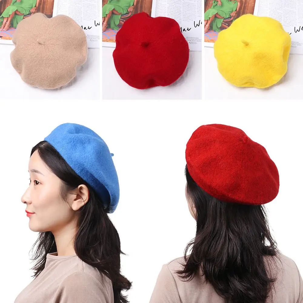 Fashion Wool Beret Cap Solid Color Women Girls Autumn Beret Hat Winter Warm Flat Cap Hat High Quality Felt Berets Nice Gift