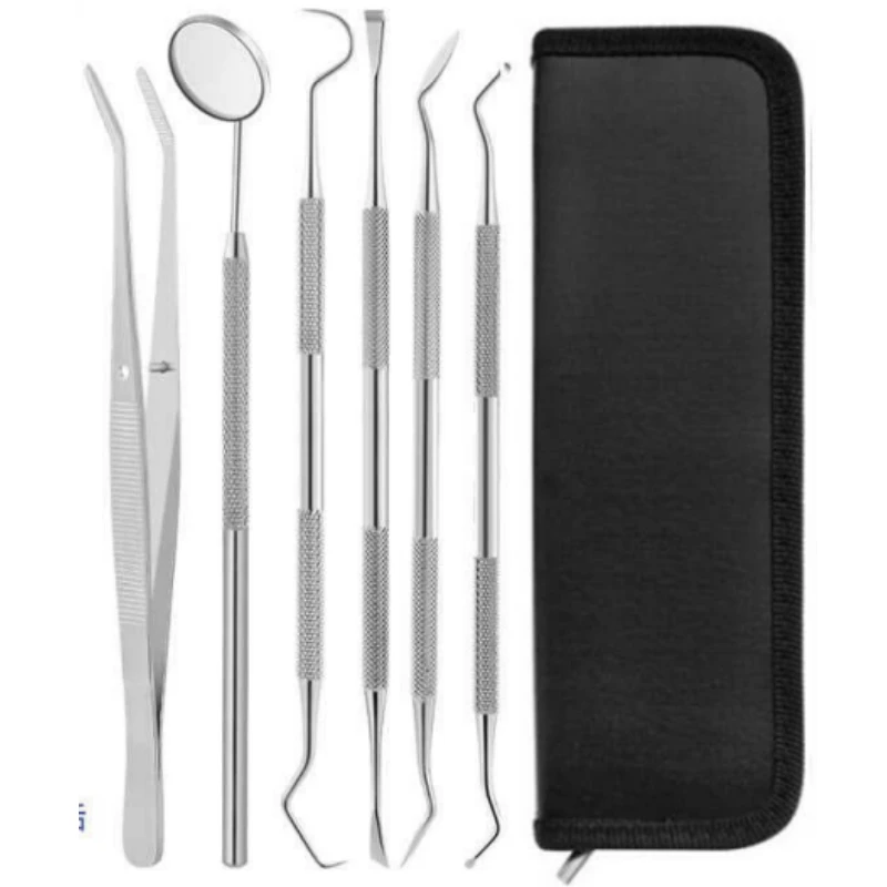 6 قطعة الفولاذ المقاوم للصدأ طبيب الأسنان أدوات نظيفة الفم مرآة مزدوجة ينتهي التحقيق الملقط مكشطة منظف الأسنان مع حقيبة للتخزين #1