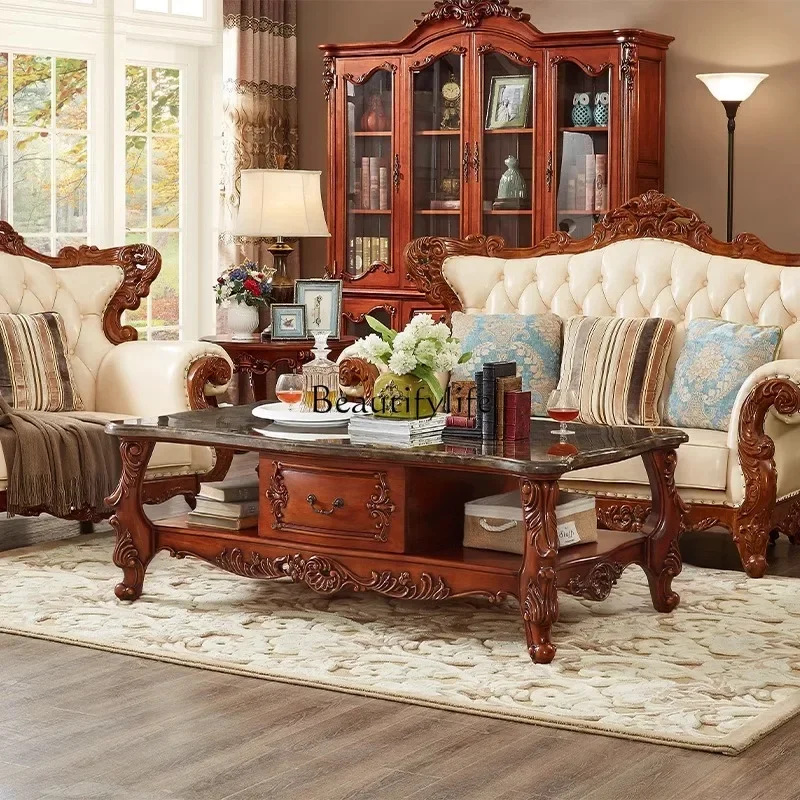 

yj5American solid wood carving flower marble coffee table