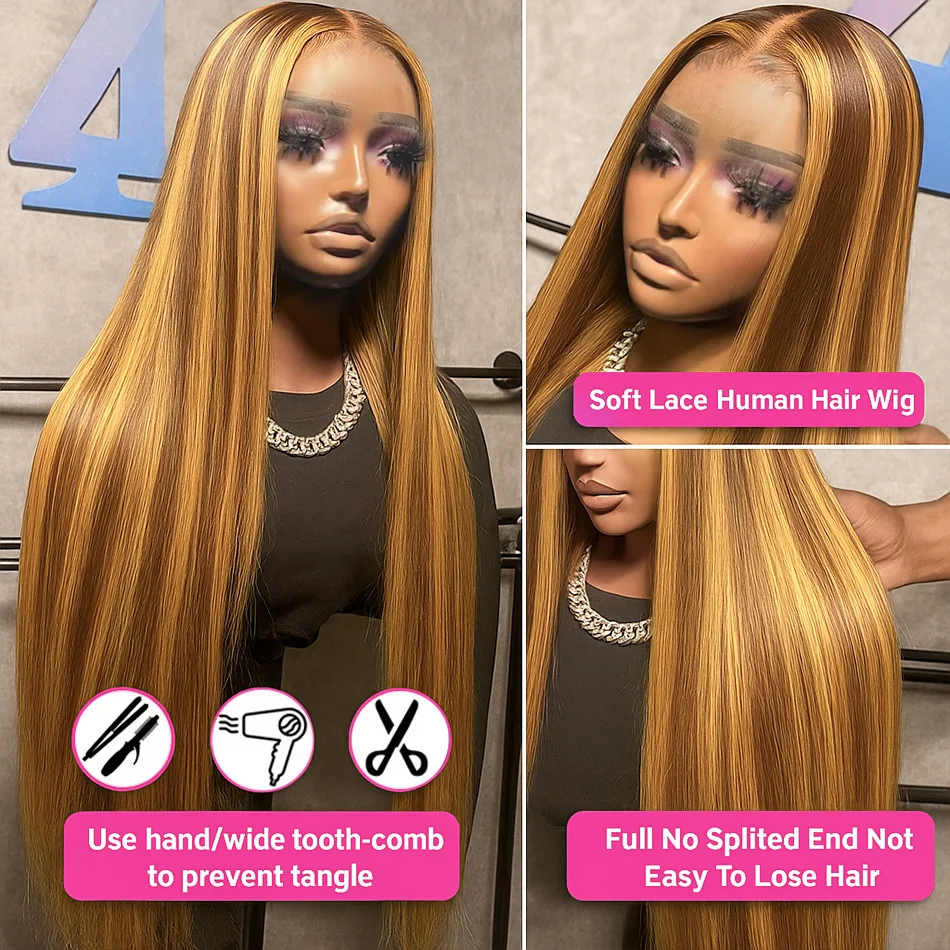 P4/27 Ombre Highlight Lace Frontal Предварительно сорванные цветные костяные прямые парики 13x4 Прозрачные парики из натуральных волос на кружеве для женщин