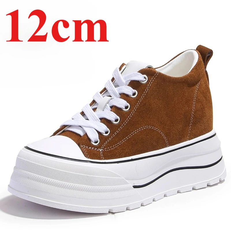 Outdoor Casual Board Shoes Ultra-high Height Increasing Shoes for Women's 12cm Invisible Elevated Shoes Genuine Leather Sneakers
