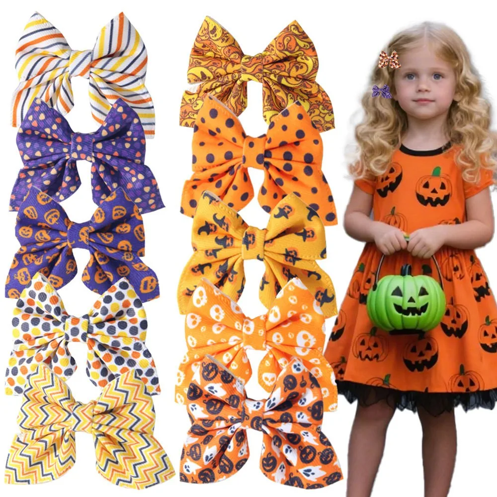 120pcs Halloween Themed Baby Hair Clips with Pumpkin Skeleton Skull Prints Fable Bow Hairpins Barrettes for Kid Girls Headwear