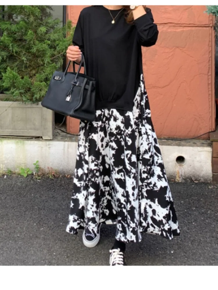 ربيع الخريف جديد فضفاض فساتين حريمي المرقعة كم طويل تي شيرت طباعة رداء وهمية قطعتين فستان طويل السيدات Vestidos