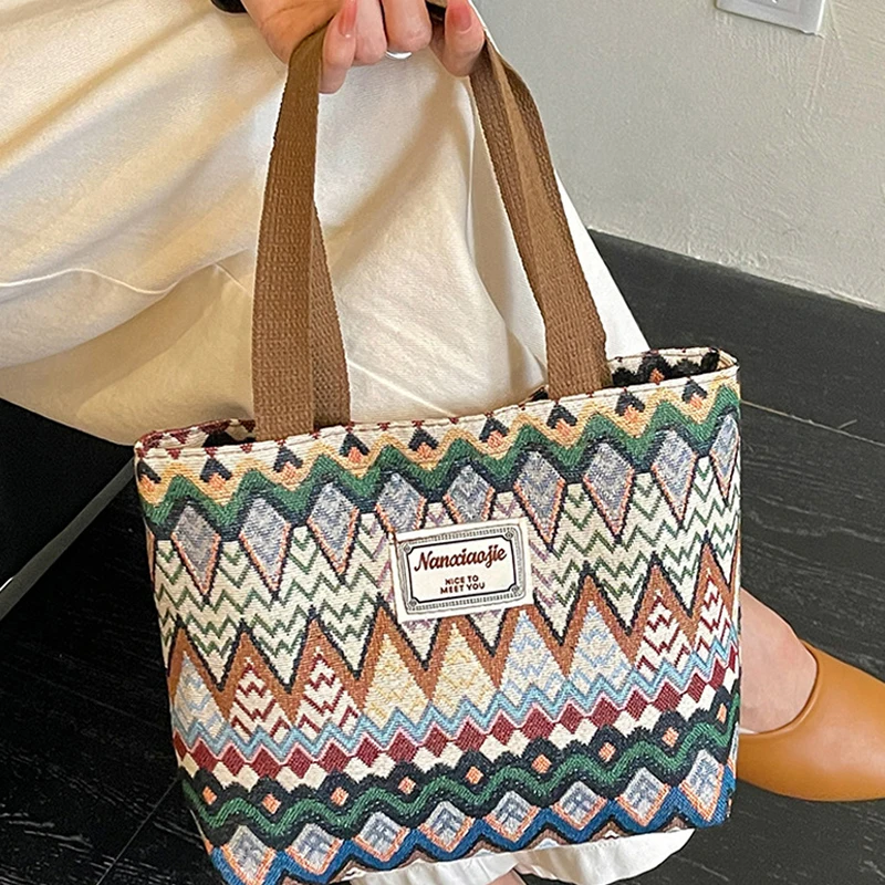 Bohemian Ethno-Stil Geometrischer Druck Canvas-Umhängetasche, Bunte Zickzack-Muster-Handtasche für Damen, Leichte Pendler-Tragetasche – Detail 10