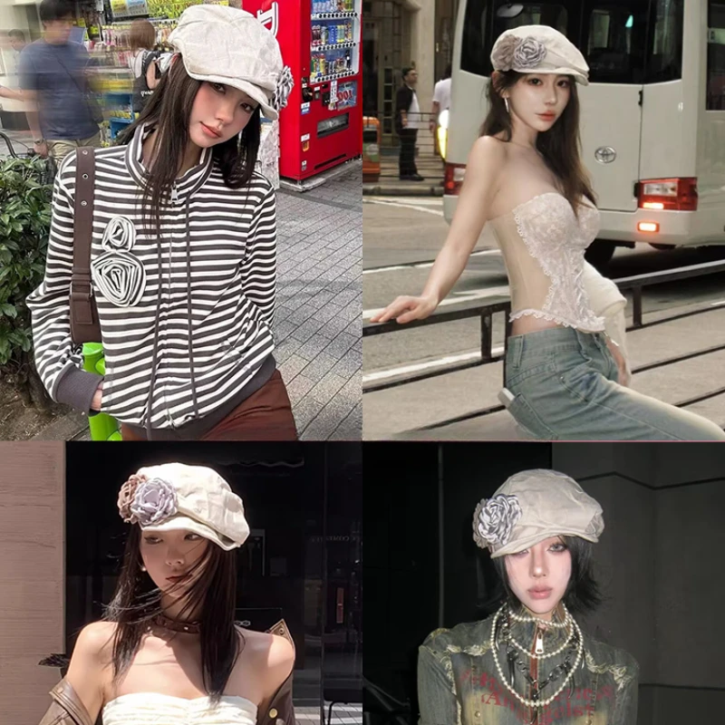 Y2K Harajuku Retro Style Oversized Flower Linen Berets Caps for Women Spring Summer Versatile Casual Short-brimmed Newsboy Hats