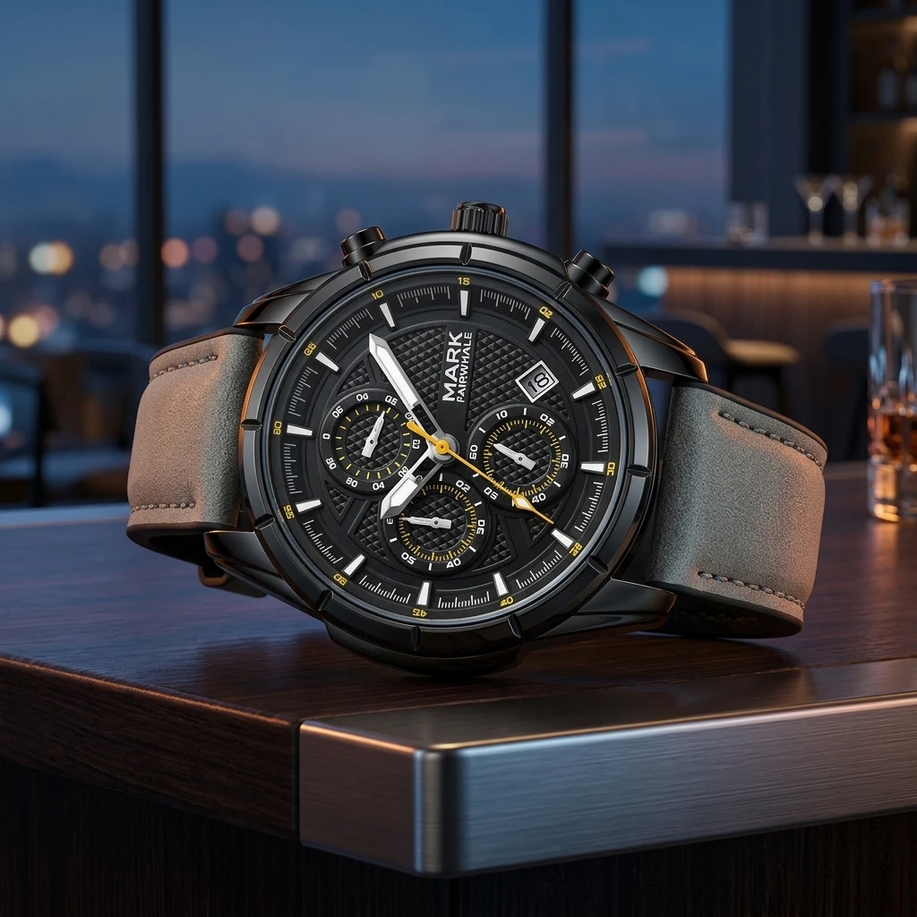 Mark Fairwhale Chronograph Quartz Watch Date Tachymeter Leather Strap Waterproof Men Sports Wristwatch