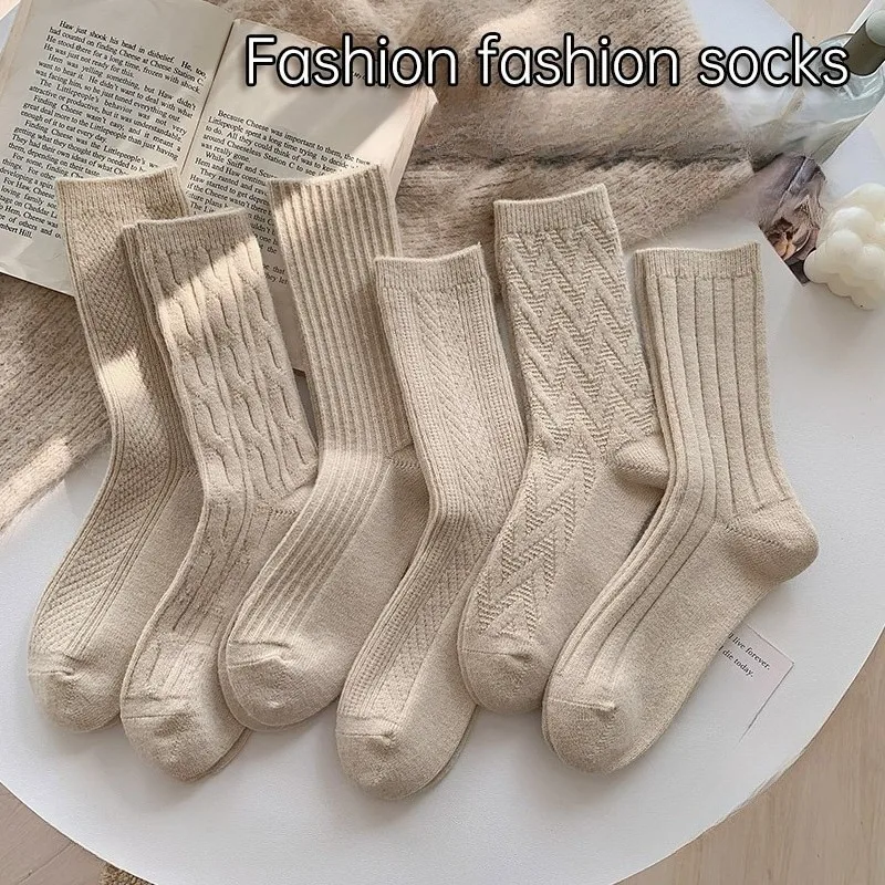 

6 пар теплых носков цвета хаки для женщин, женские простые однотонные хлопковые носки до середины икры, комплект зимних носков до щиколотки высокого качества