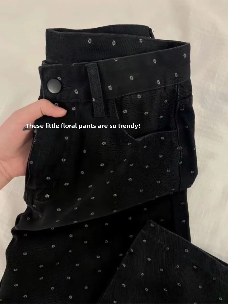 Jeans a gamba larga floreale a gamba dritta a vita alta Pantaloni in denim sottile estivo a pois retrò americani taglie forti da donna