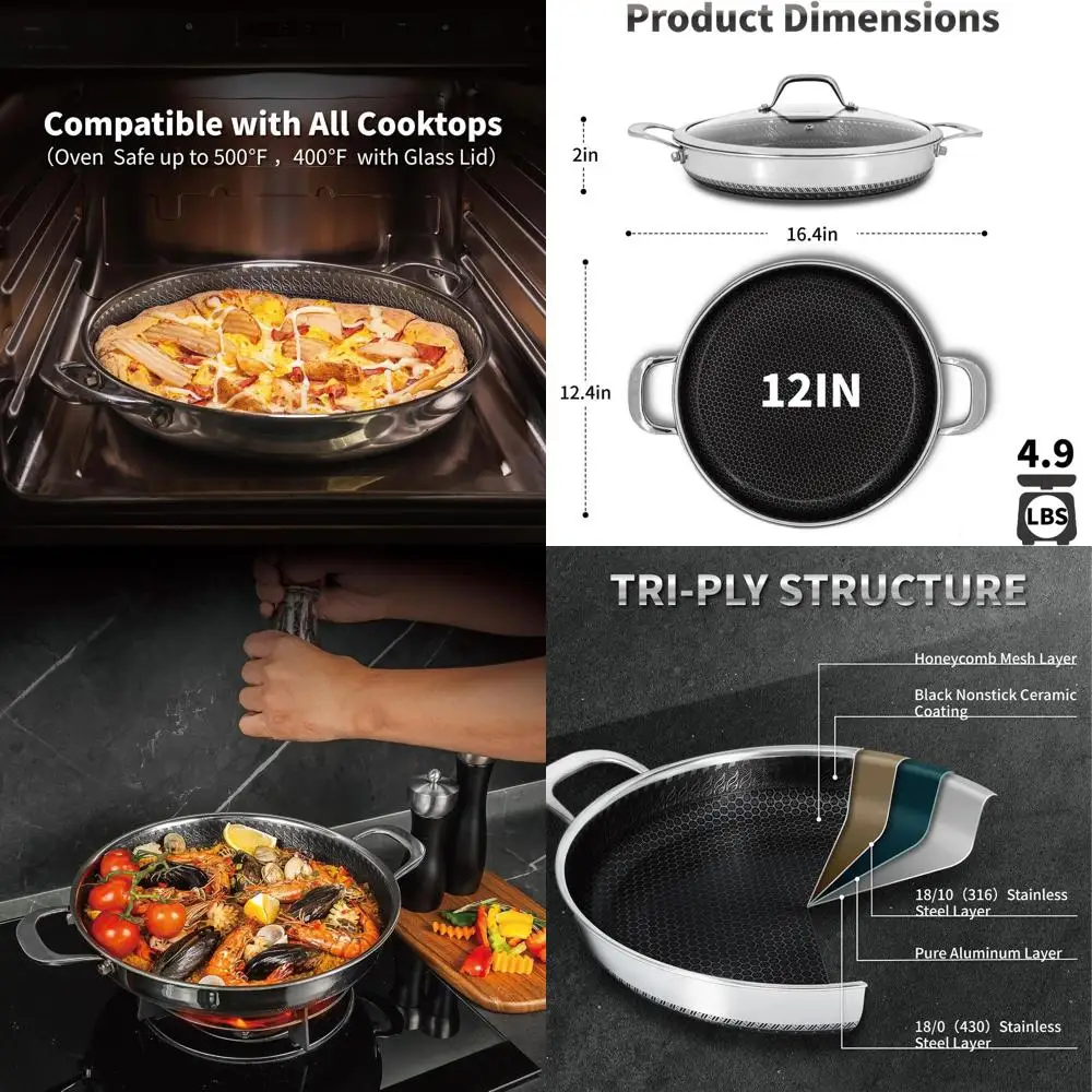 

12-Inch Stainless Steel Hybrid Nonstick Skillet with Lid and Dual Handles, Oven and Dishwasher Safe Paella Pan