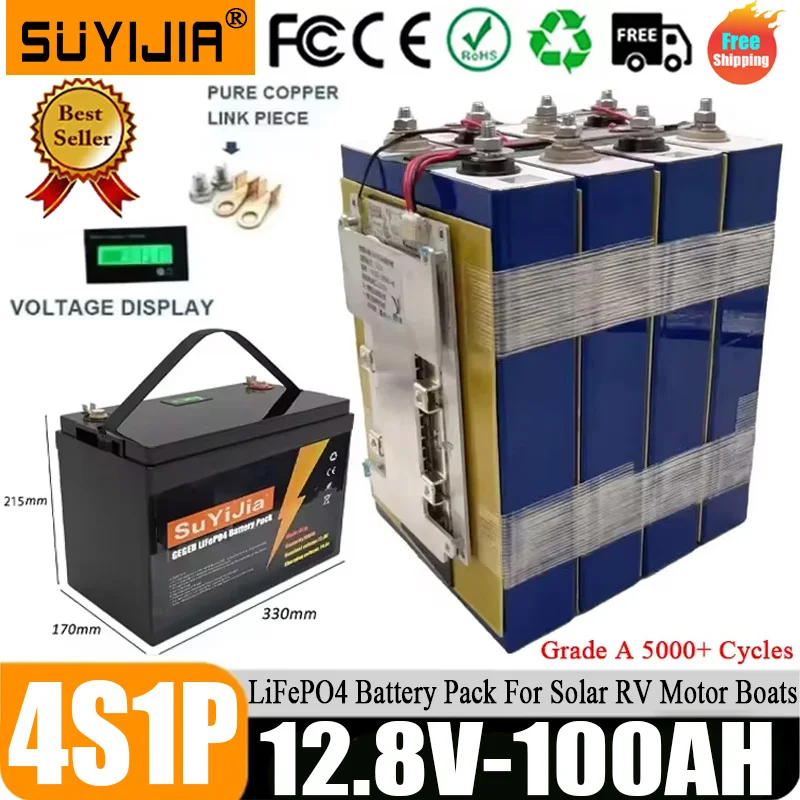 12.8V 100AH LiFePO4 Battery Pack Grade A 5000+ Cycles Lithium Batter 12V 150A Built in BMS for Solar RV Boat Off-grid Batteries