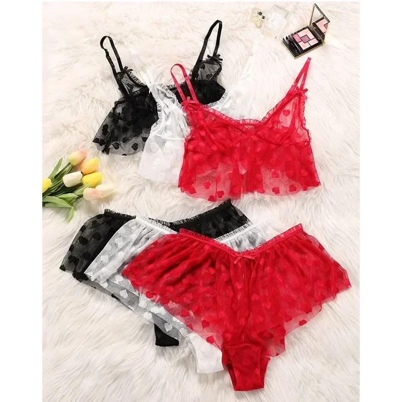 الملابس الداخلية الترا مثير القوس شبكة زائد حجم الملابس الداخلية الساخنة السيدات مجموعة الملابس الداخلية الأحمر الظهر الصدرية السلع الكبار زي النساء منامة مجموعة