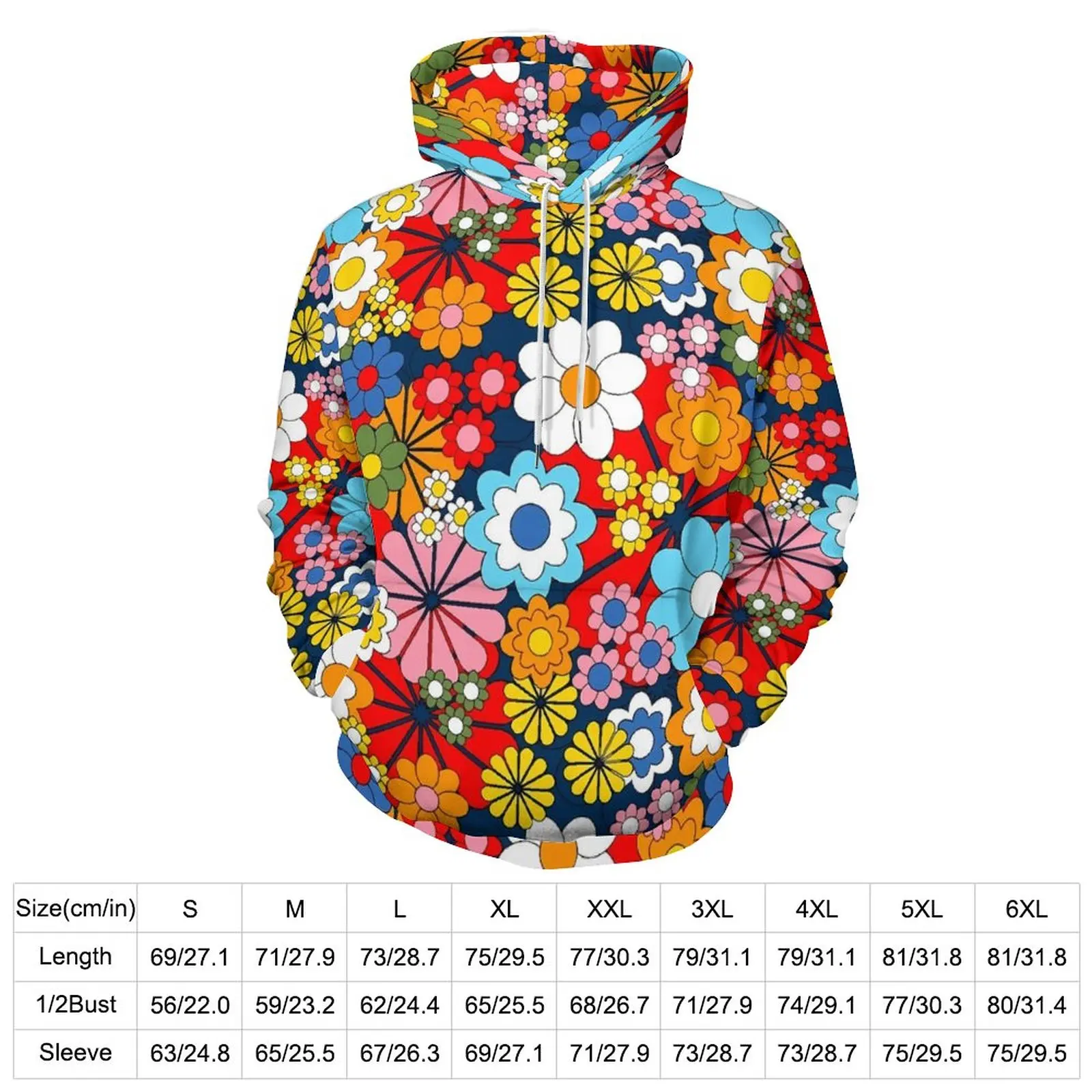 Bright Flower Power Loose Hoodies Retro Floral Print Harajuku Hoodie Man Long Sleeve Oversized Classic Design Clothing