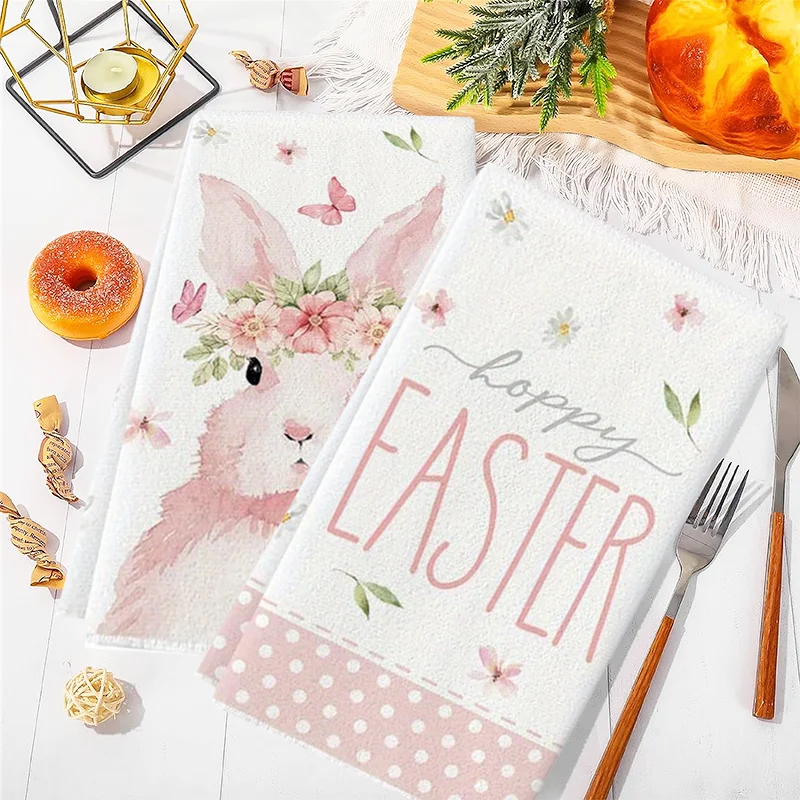 2Pcs, Easter Pink Polka Dot Floral Crown Rabbit Kitchen Towel, 40Cm*60Cm Towel Set, Super Absorbent Soft Cleaning Cloth, Cooking and Baking Tea Towel, Tea Towel, Hand Towel, Cleaning Cloth, Dishcloth, Kitchen Decoration, Living Room Decoration, Kitchen Essentials, Home Essentials