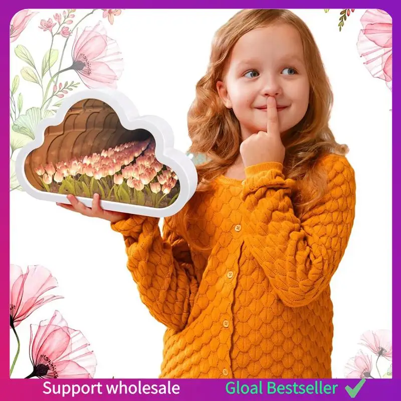 

A38M 2Sets Cloud Mirror Tulip Lamp Handmade DIY Tulip Night Light Simulation Flower Lights Room Decorations Easy To Use Blue