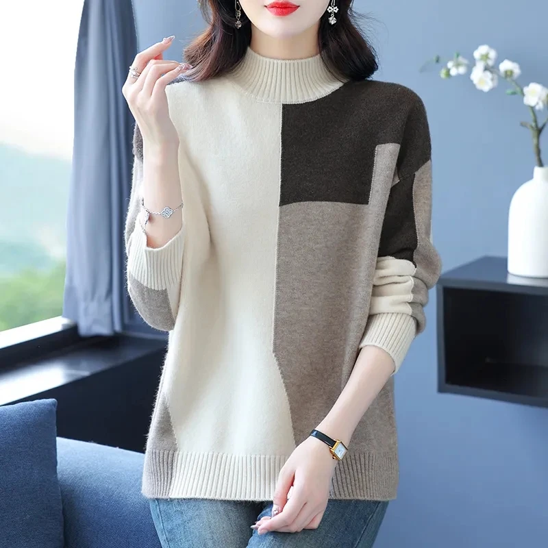 Half high necked Sweater Women\'s Patchwork Wool Pullover 2024 Autumn/Winter Loose Fashion Bottoming shirt Female Warm Sweaters