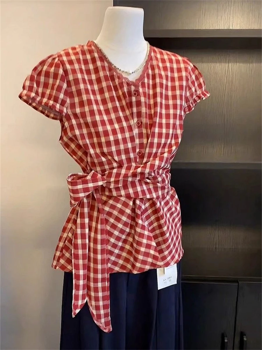 

Сладкая красная рубашка в клетку с коротким рукавом и завязками на талии, летняя рубашка для мужчин и женщин, ретро-стиль, для повседневной носки, с V-образным вырезом