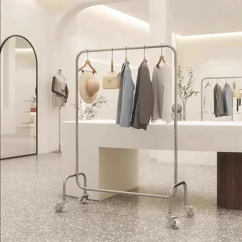 Clothing Store Stainless Steel Clothes Rod with Wheels Silver Zhongdao Rack Women's Clothing Store Floor-to-ceiling Display