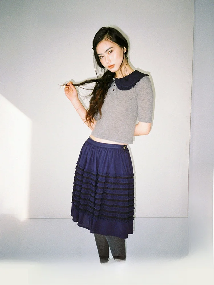 

Cheap Art Label Dark Blue Multi-Layer Lace Trim Pocket Half Skirt Women's New 2026 Style Commute Casual Standard Fit Spring