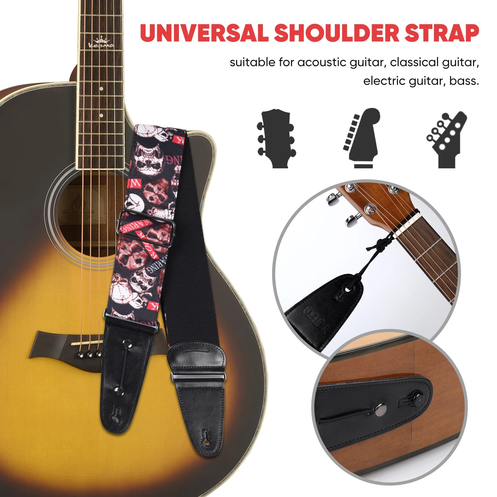 Tracolla per chitarra in cotone denim allargato da 2,5" Cintura a tracolla universale con teschio fresco con tasca per plettro per basso elettrico acustico