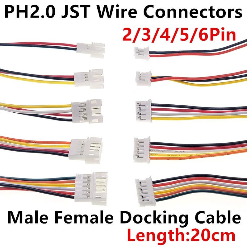 

PH2.0 JST Wire Connectors 2.0mm Pitch 26AWG 2/3/4/5/6Pin JST 2Pin Micro Male Plug Female Jack DIY Electrical Cable Adapter 20CM