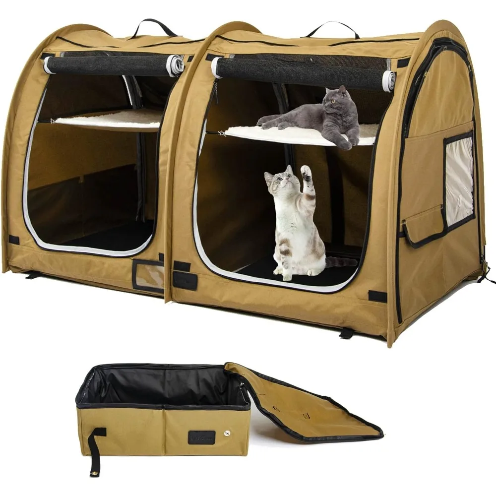 

Portable Twin Compartment Show House Cat Cage/Condo - Easy to Fold & Carry Kennel - Comfy Puppy Home