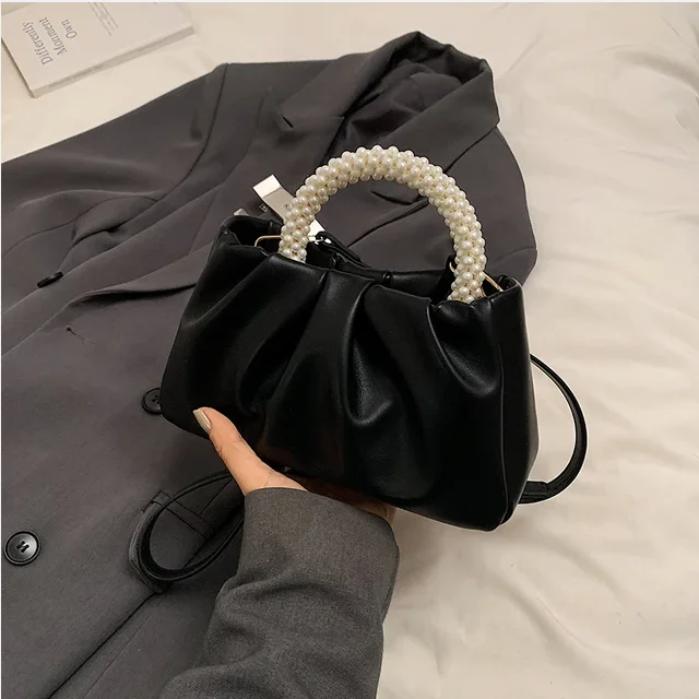 

Black New Ruched Crossbody Bags for Women Simple Pearl Chains Small Handbags Female Summer Casual Cloud Zipper Shoulder Packs