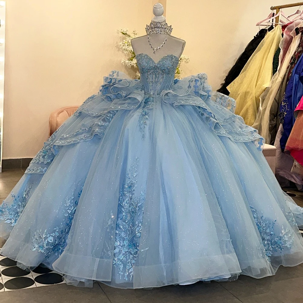 Customized Ruffles Ball Gown Quinceanera Dresses 2026 Sweetheart Lace Appliques vestidos de 15 años Blue Luxury Prom Dress image 4