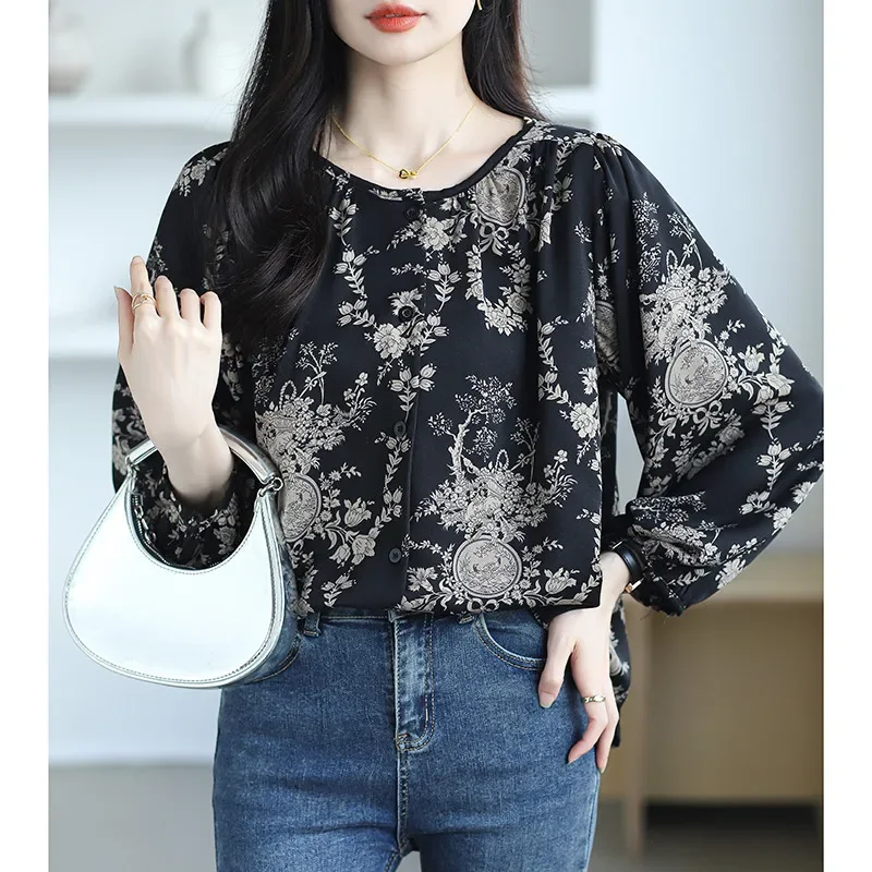 

Vintage Black Floral Printed Fashion Round Neck Shirt Top Casual Loose Korean Long Sleeve Women's Blouse