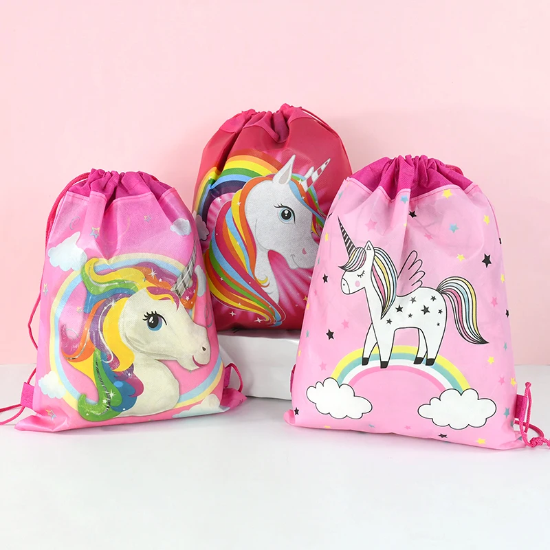 12Pcs Cartoon Unicorn Drawstring Bag Children Girls Unicorn Birthday Party Favors Candy Gift Packaging Supplies School Backpacks