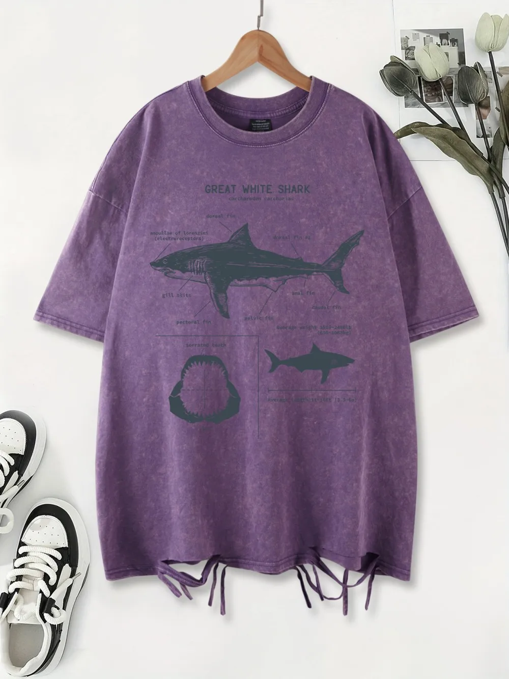 

Great White Shark Anatomy Printed Washed T-Shirt Womens Cotton T Shirts Crewneck Oversized Acid Wash Tops Summer Womans Clothes