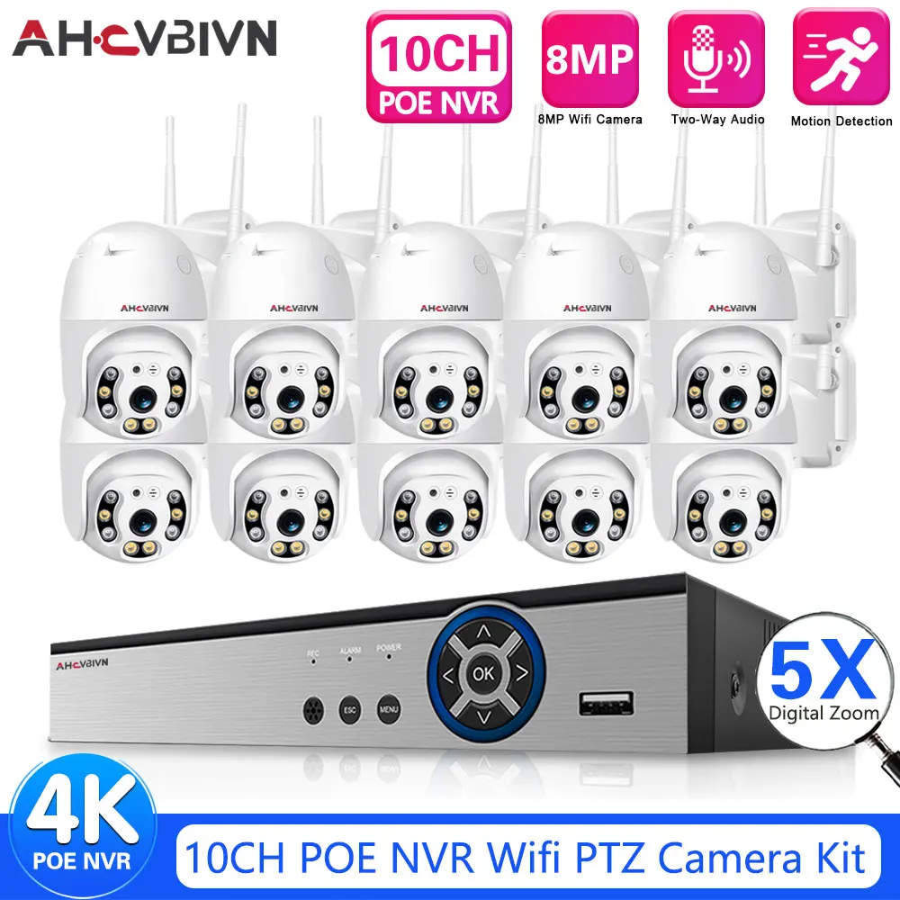 

10CH 4K NVR Auto Tracking Color Night WiFi PTZ Camera System 8MP Outdoor IP Security Camera Two Way Audio Video Surveillance Kit