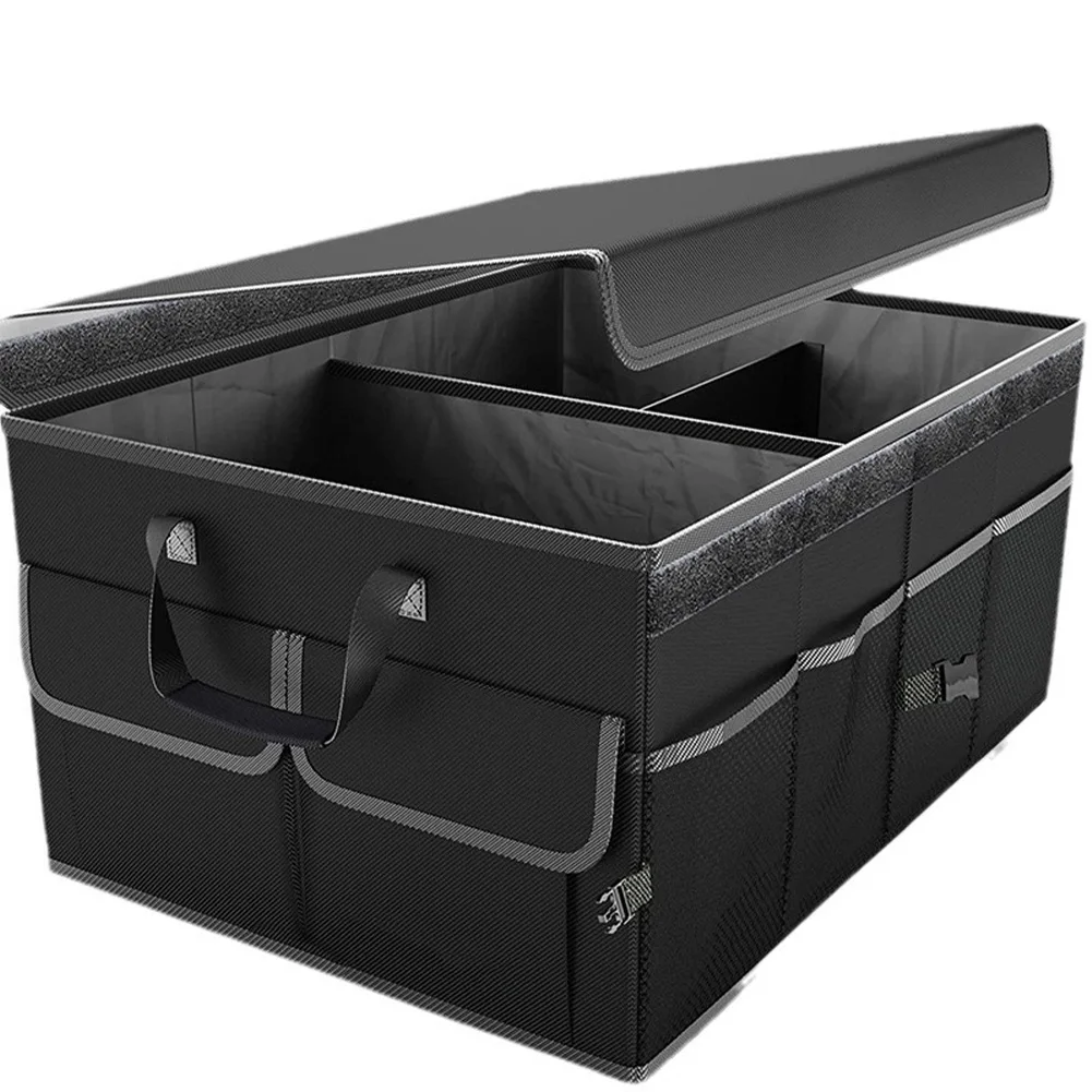 Large 60L Folding Car Storage Box Boot Organiser Bag, Multiple Compartments Boot Bag Basket With Detachable Partition, Fastening