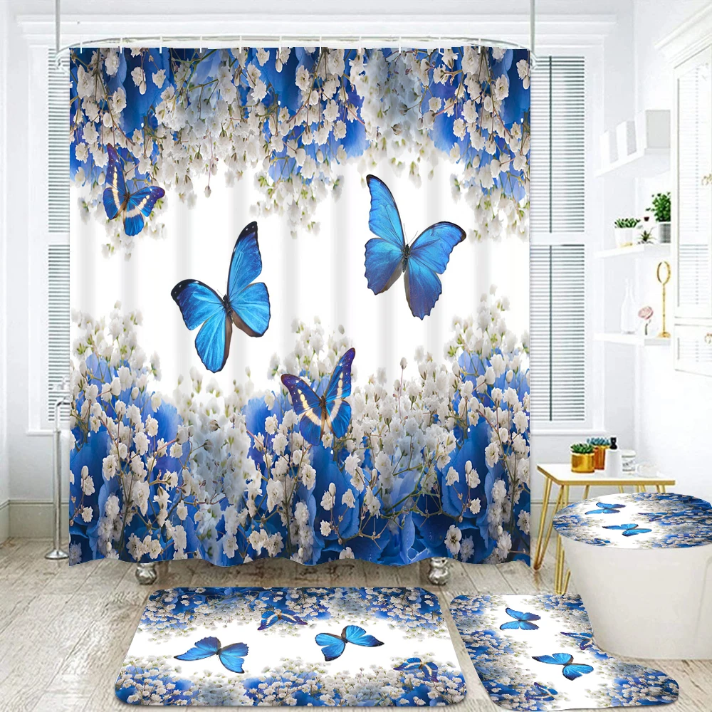 Waterproof Bathroom Shower Curtain Beautiful Blue Flower Butterfly Bath Curtain Sets Toilet Cover Non-Slip Mat Rug Carpet Decor