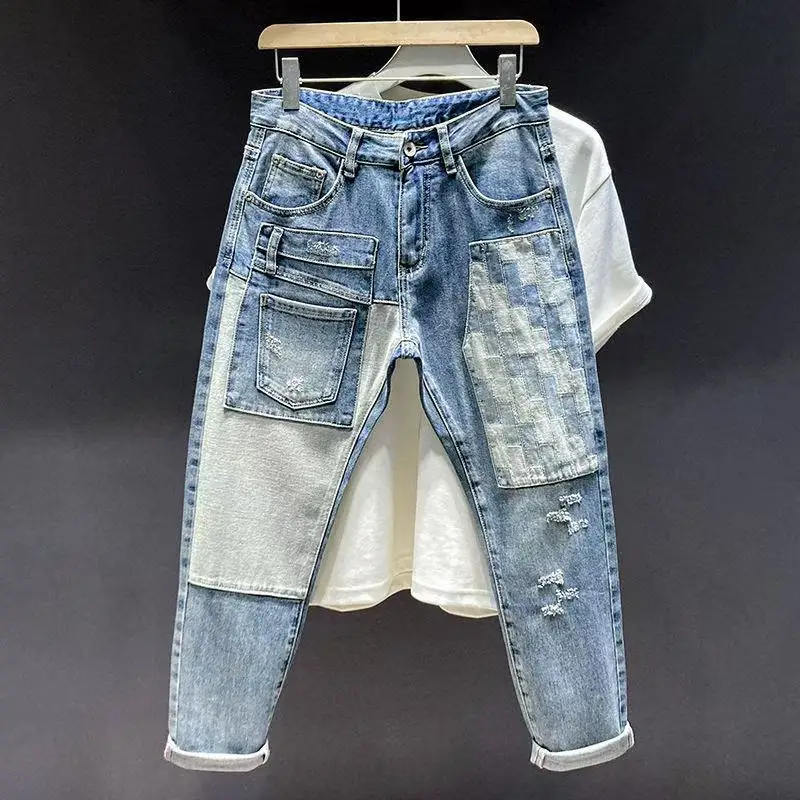 

Модные мужские облегающие джинсы с нестандартным пэчворком и дырками, повседневные прямые длинные брюки Sli And Haome