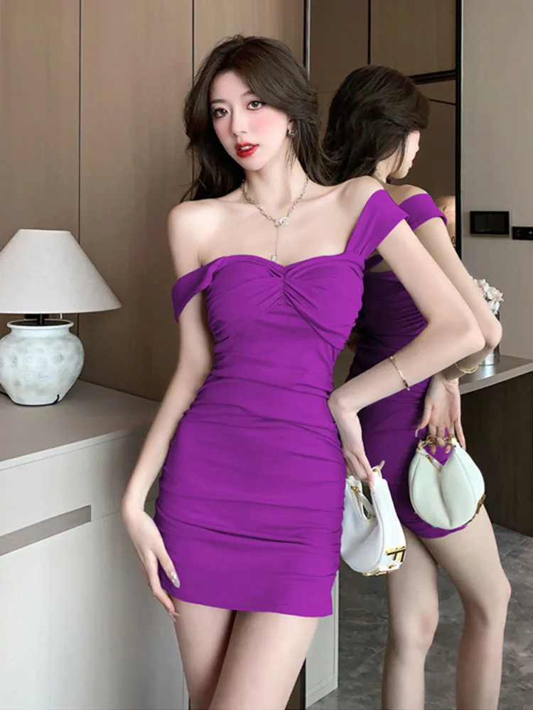 2024 New Purple Elegant Backless Sexy Sling Dress Summer Square Collar Pleated Bodycon Dress Women Korean Fashion Party Vestidos