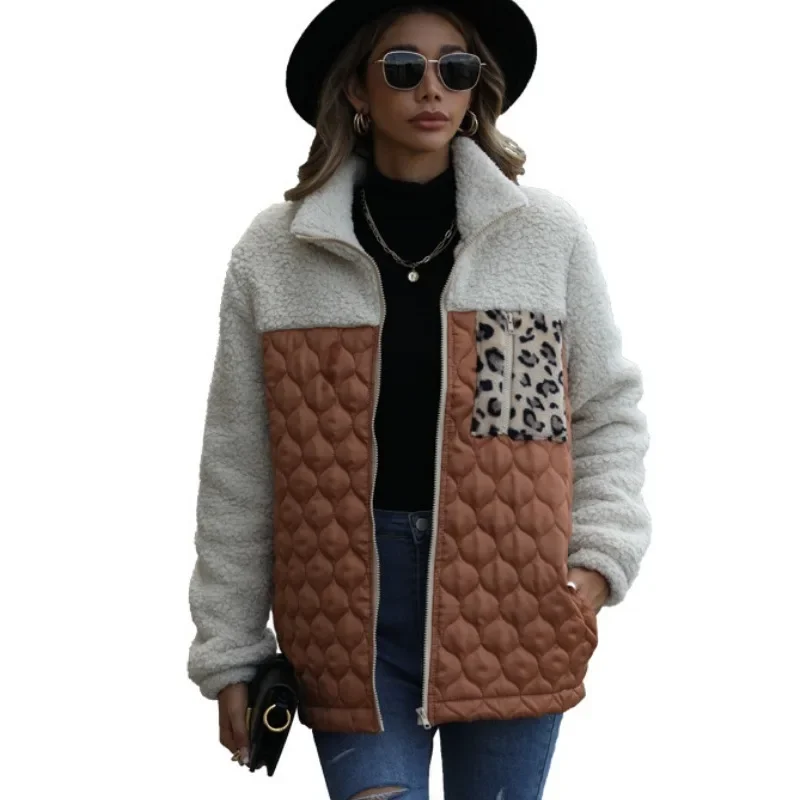 

European and American Casual Plush Women's Long Sleeved Loose Round Neck Spliced Zipper Animal Pattern Double-sided Plush Jacket